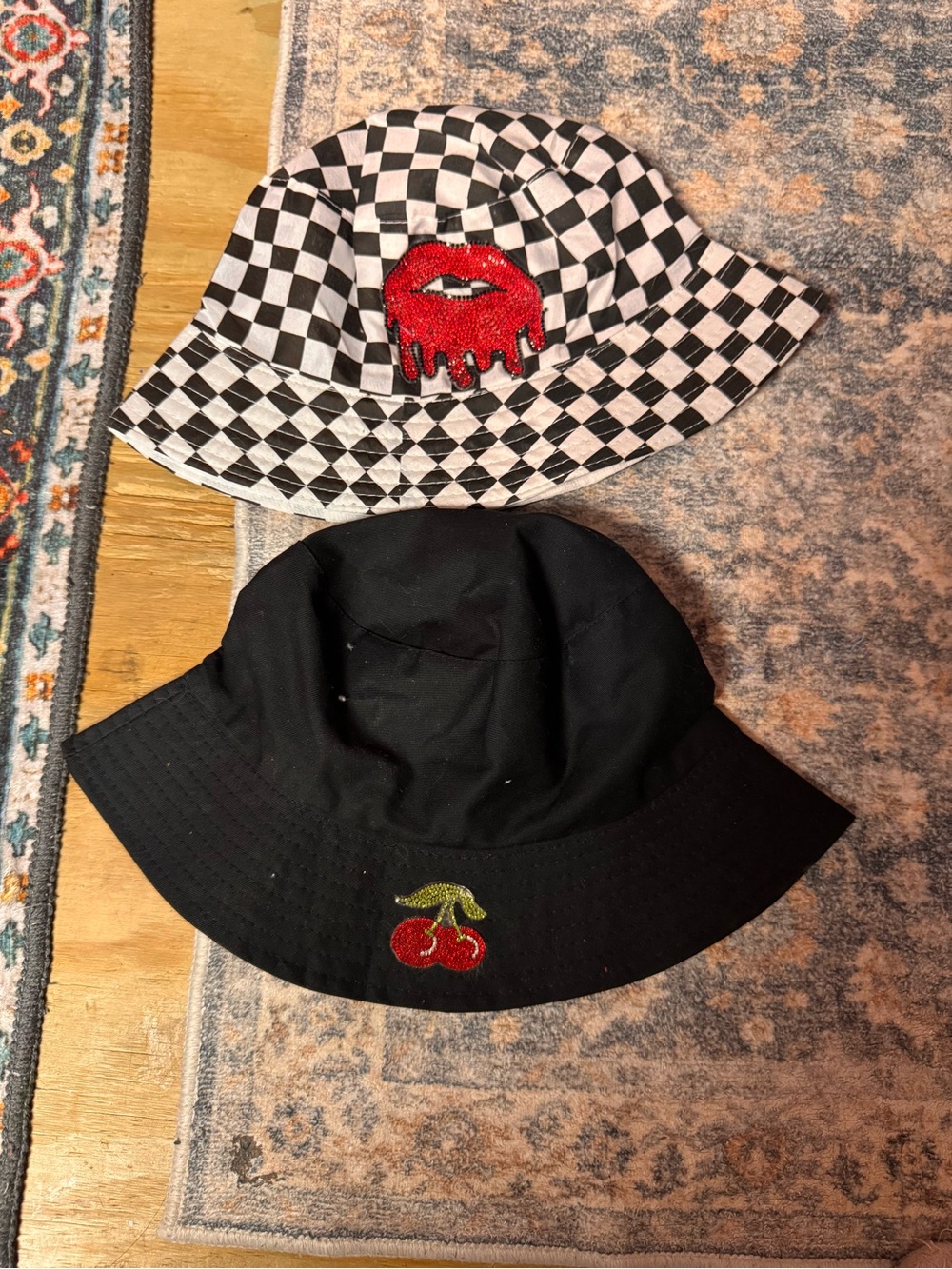 Ladies Checkerboard Bucket Hat with Red Lip Patch & Black Cherry & bee hat